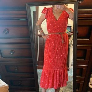 Red and white polka dot faux wrap midi dress Large